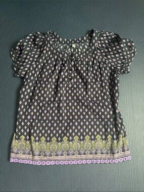 Apt. 9 Black Blouse with Lilac Diamond Print and Green Border, XL,